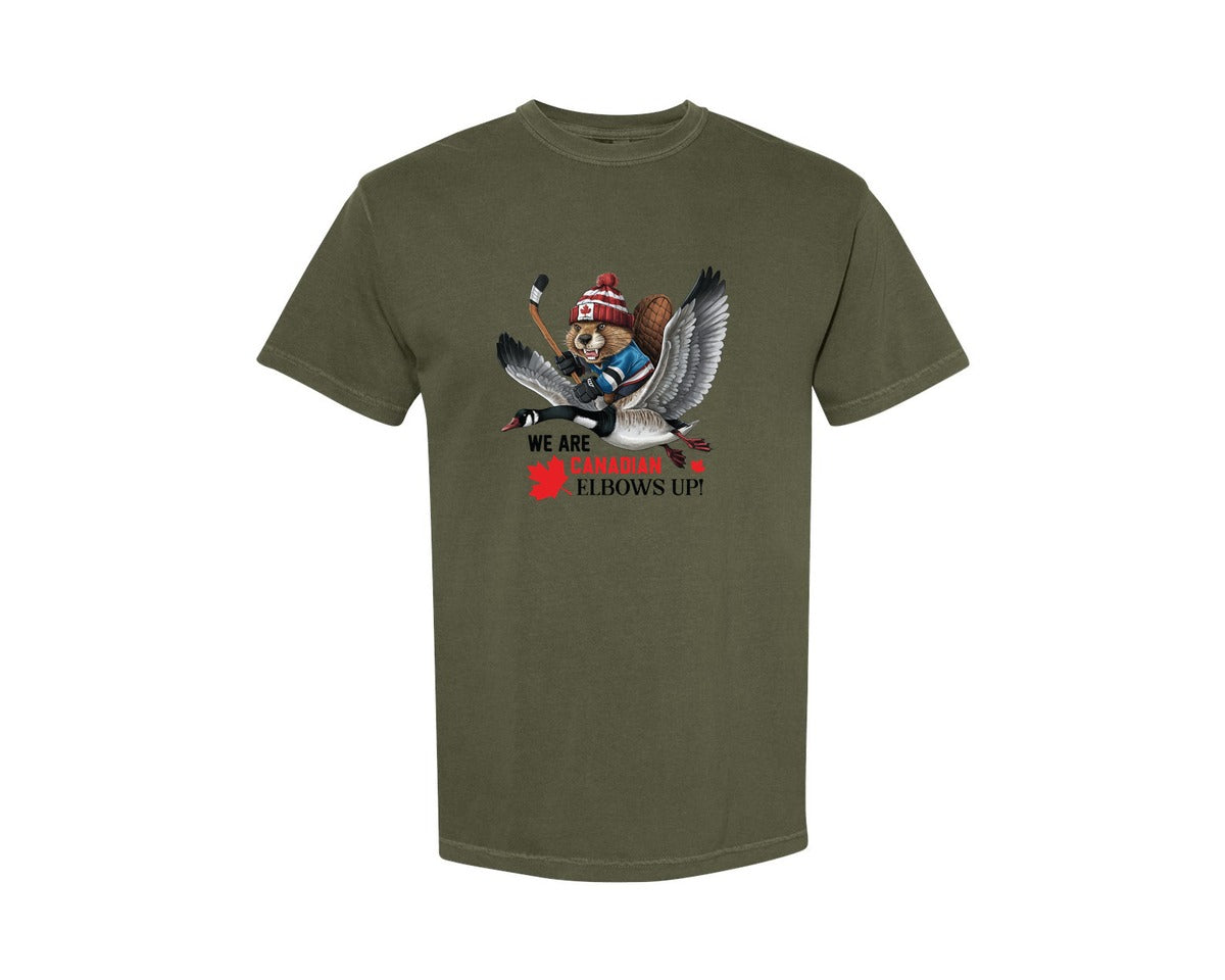 brand:Comfort Colors|color:Sage Green|We Are Canada Elbows Up 2 Graphic T-Shirt