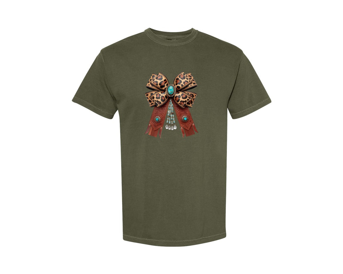 brand:Comfort Colors|color:Sage Green|Western Leopard Bow Coquette Cowgirl 2 Graphic T-Shirt
