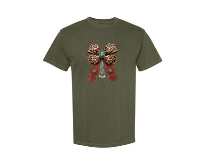 brand:Comfort Colors|color:Sage Green|Western Leopard Bow Coquette Cowgirl 2 Graphic T-Shirt