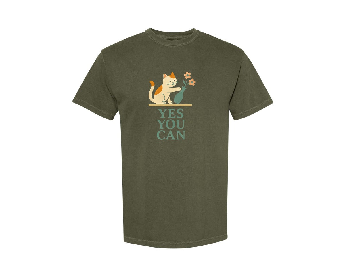 brand:Comfort Colors|color:Sage Green|Yes You Can Motivational Cat Graphic T-Shirt