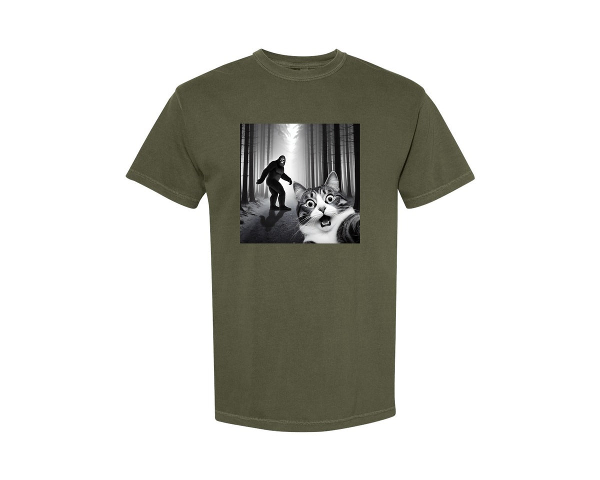 brand:Comfort Colors|color:Sage Green|Cat Selfie With Sasquatch Graphic T-Shirt