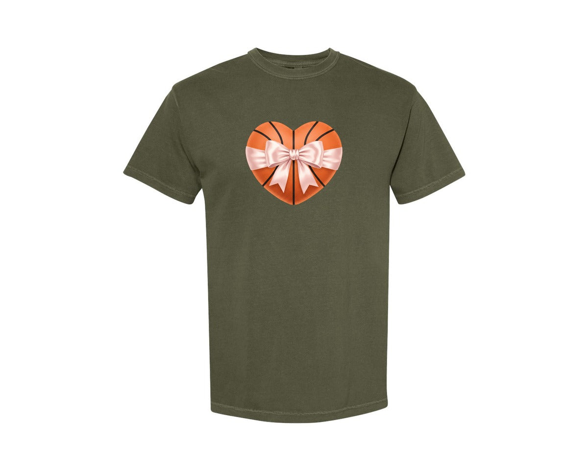 brand:Comfort Colors|color:Sage Green|Heart Shape Basketball Coquette Bow Graphic T-Shirt
