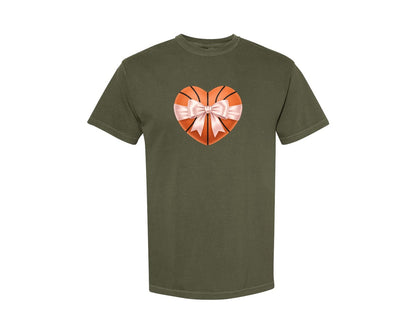 brand:Comfort Colors|color:Sage Green|Heart Shape Basketball Coquette Bow Graphic T-Shirt