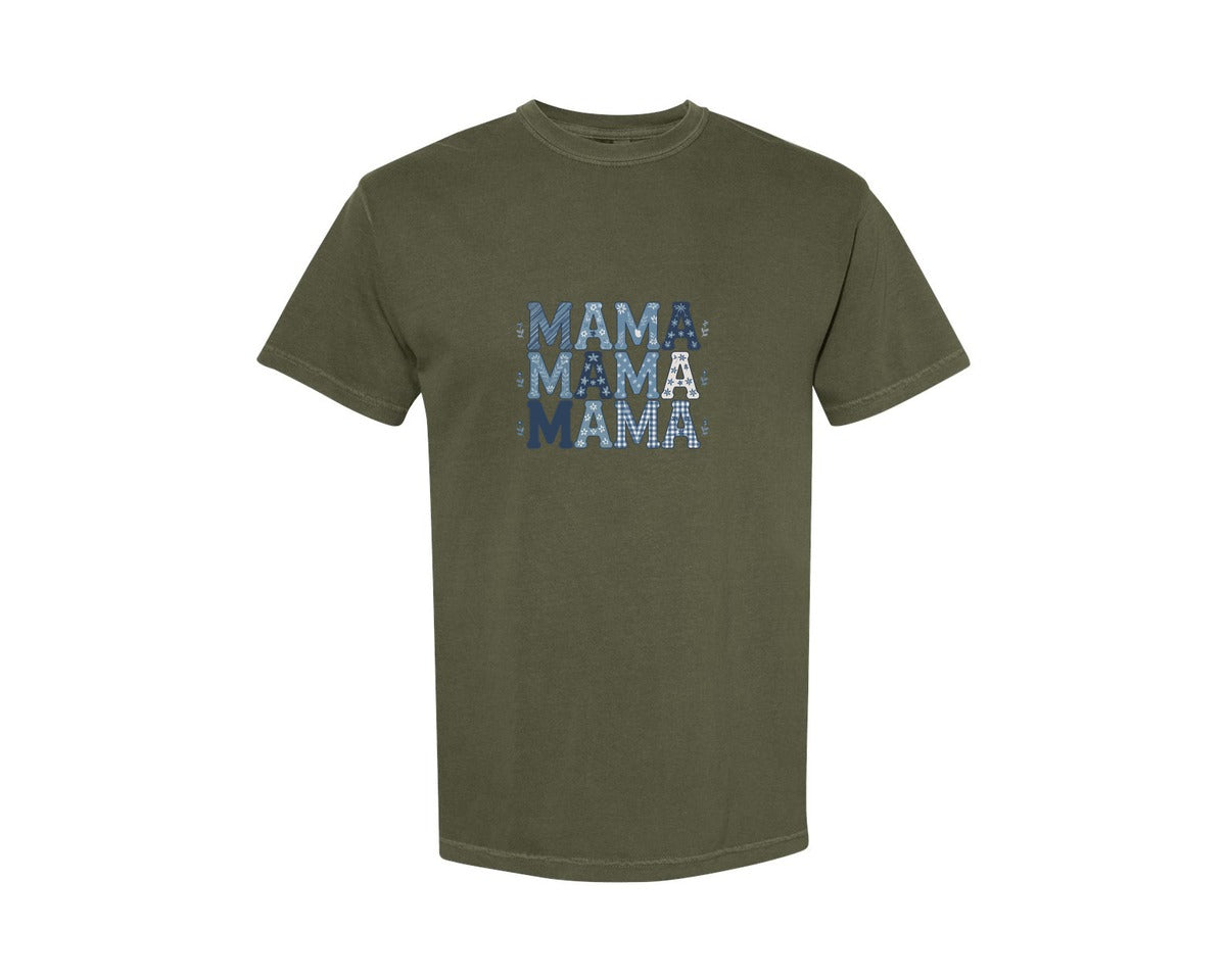 brand:Comfort Colors|color:Sage Green|Blue Floral Mama Repeating Text Design Graphic T-Shirt