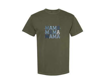 brand:Comfort Colors|color:Sage Green|Blue Floral Mama Repeating Text Design Graphic T-Shirt
