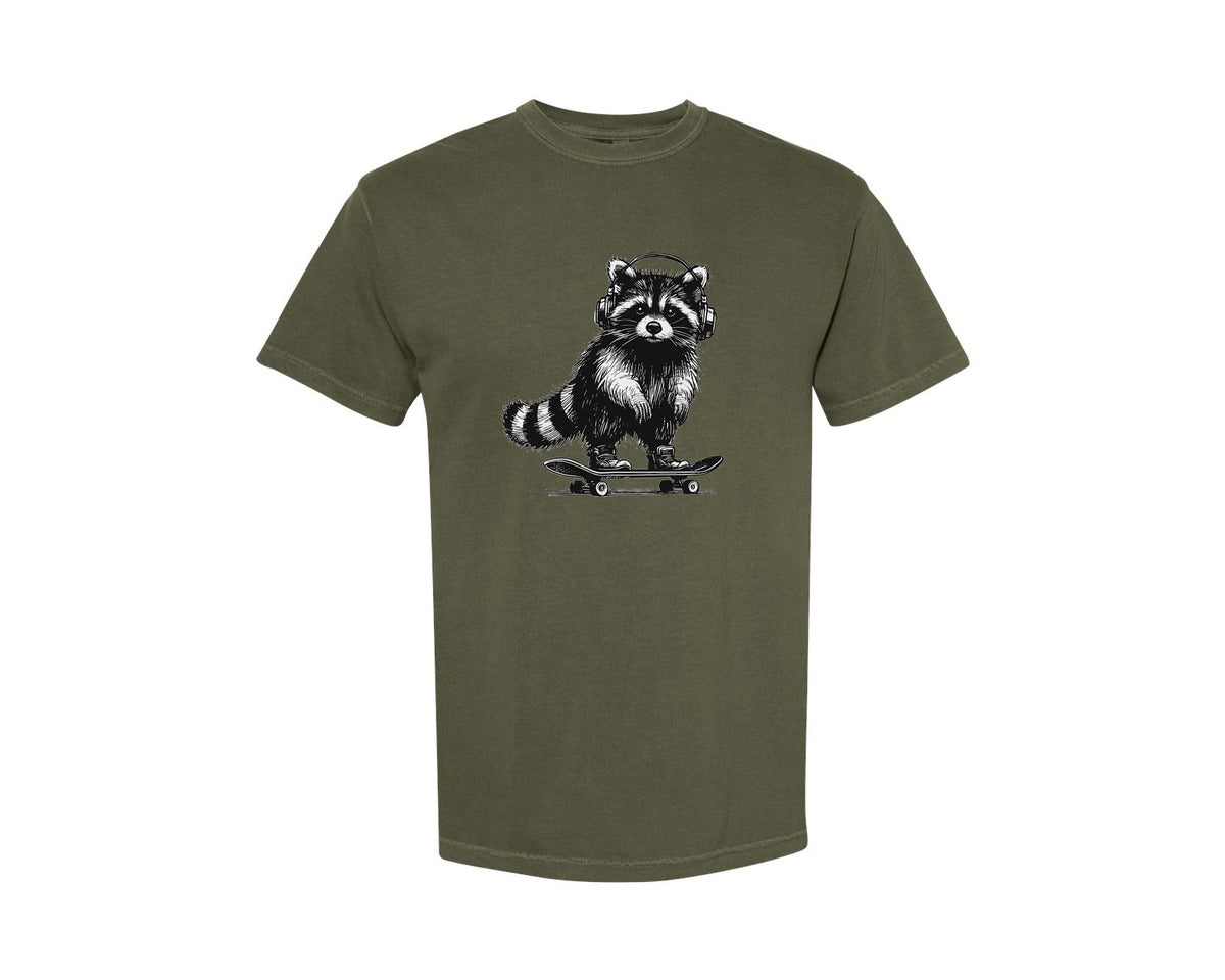 brand:Comfort Colors|color:Sage Green|Raccoon Playing Skateboard Shirt Graphic T-Shirt