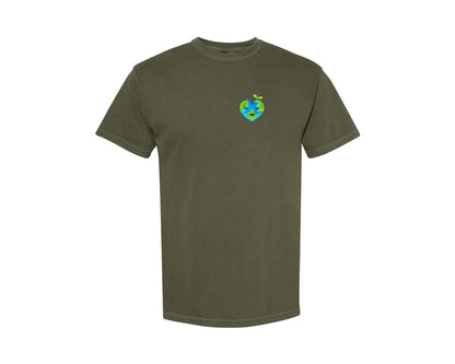 brand:Comfort Colors|color:Sage Green|Love Heart Earth Globe Pocket Design Graphic T-Shirt