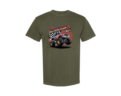 brand:Comfort Colors|color:Sage Green|All American Boy Monster Truck Graphic T-Shirt