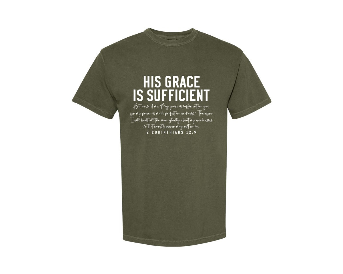brand:Comfort Colors|color:Sage Green|His Grace Is Sufficient 2 Corinthian Graphic T-Shirt