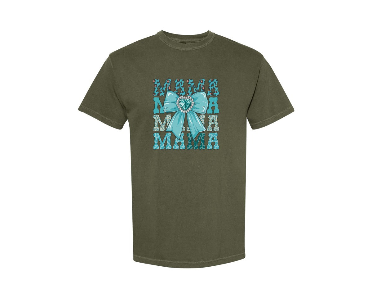 brand:Comfort Colors|color:Sage Green|Trendy Mama Leopard Print Bow 3 Graphic T-Shirt