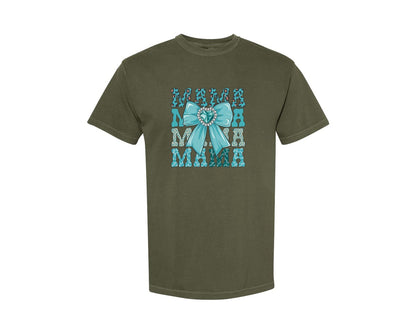 brand:Comfort Colors|color:Sage Green|Trendy Mama Leopard Print Bow 3 Graphic T-Shirt