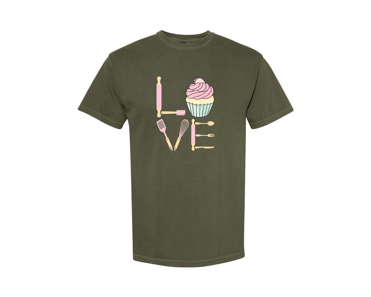 brand:Comfort Colors|color:Sage Green|Baking Love Cupcake Whisk Spatula Graphic T-Shirt
