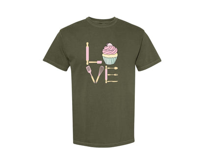 brand:Comfort Colors|color:Sage Green|Baking Love Cupcake Whisk Spatula Graphic T-Shirt