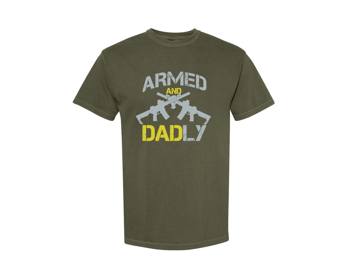 brand:Comfort Colors|color:Sage Green|Armed And Daddy Fathers Day Graphic T-Shirt