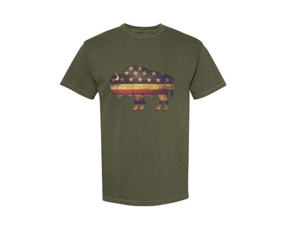 brand:Comfort Colors|color:Sage Green|American Bison Patriotic Usa Flag 4 Graphic T-Shirt