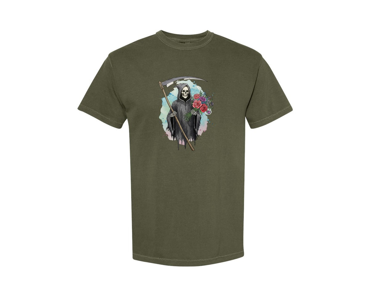 brand:Comfort Colors|color:Sage Green|Grim Reaper With Flowers Gothic Graphic T-Shirt
