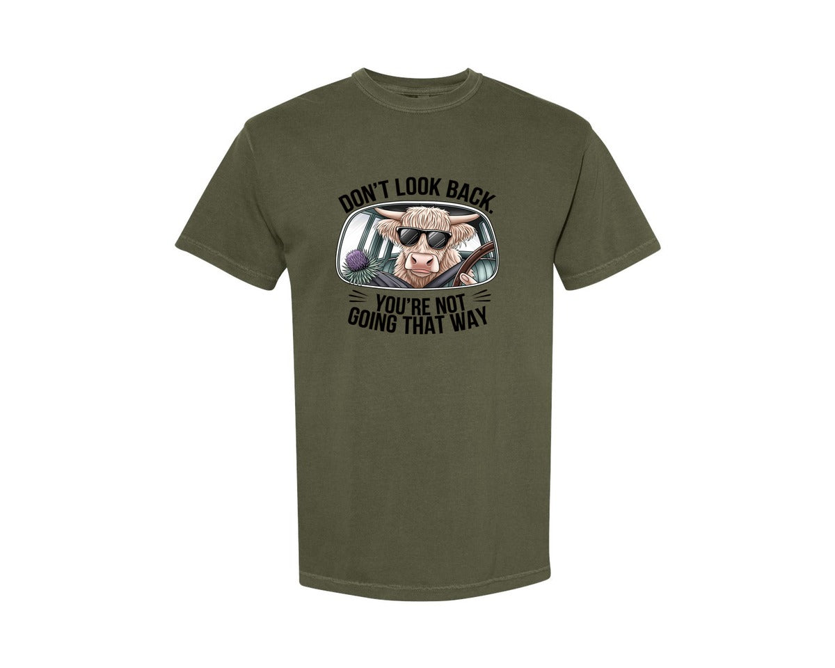 brand:Comfort Colors|color:Sage Green|Dont Look Back Highland Cow 4 Graphic T-Shirt