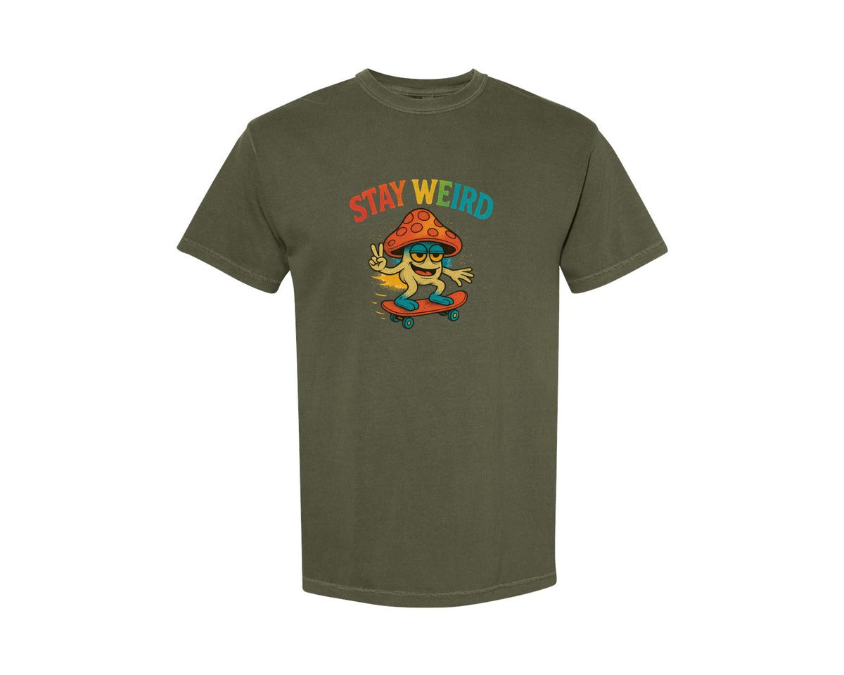 brand:Comfort Colors|color:Sage Green|Stay Weird Mushroom Skateboard Graphic T-Shirt