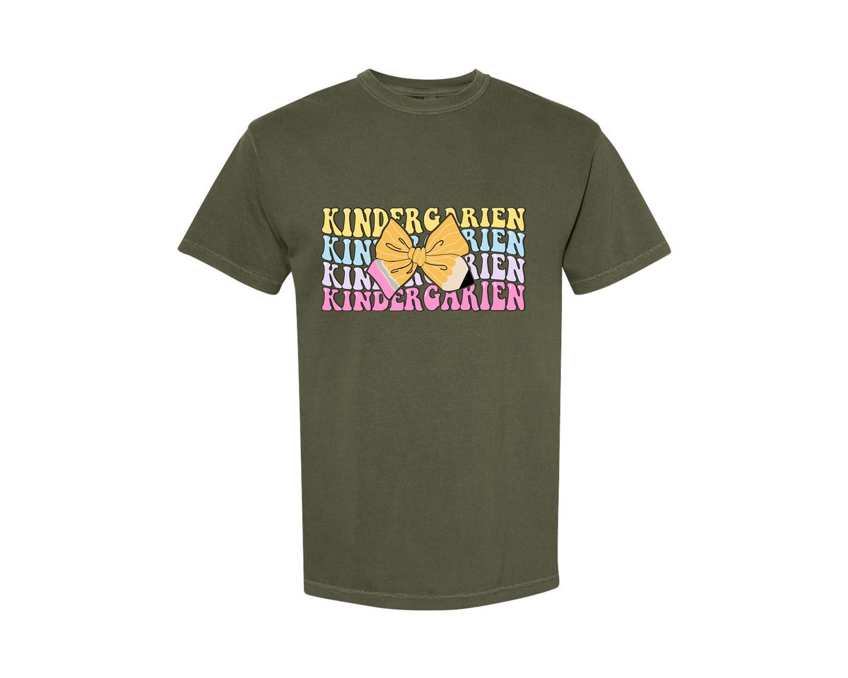brand:Comfort Colors|color:Sage Green|Kindergarten Pencil Bow Preschool Graphic T-Shirt