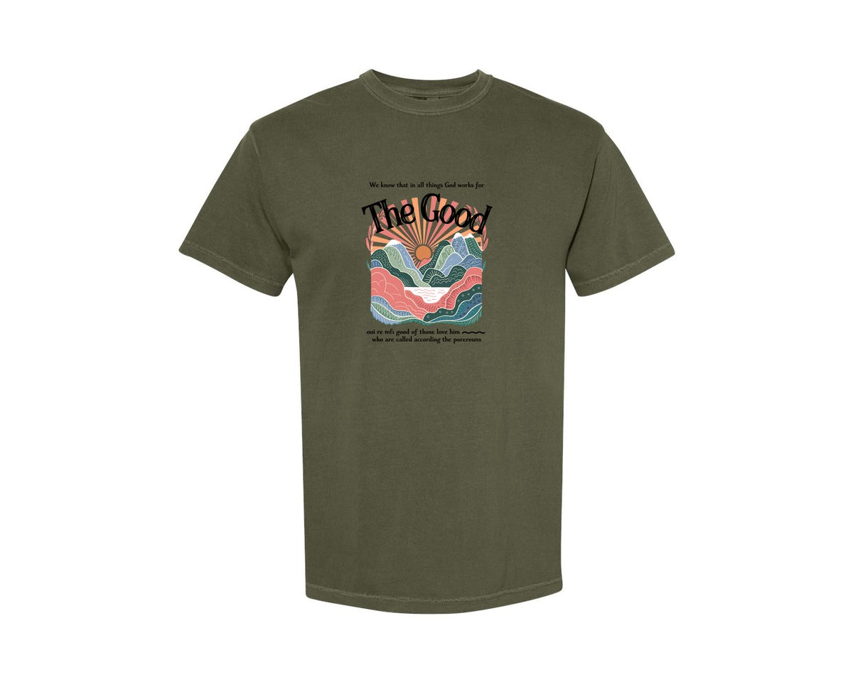 brand:Comfort Colors|color:Sage Green|The Good Christian Mountain Sunrise Graphic T-Shirt