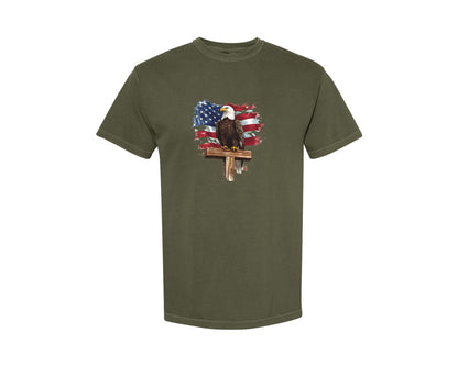 brand:Comfort Colors|color:Sage Green|4Th Of July Bald Eagle Cross Patriotic Graphic T-Shirt