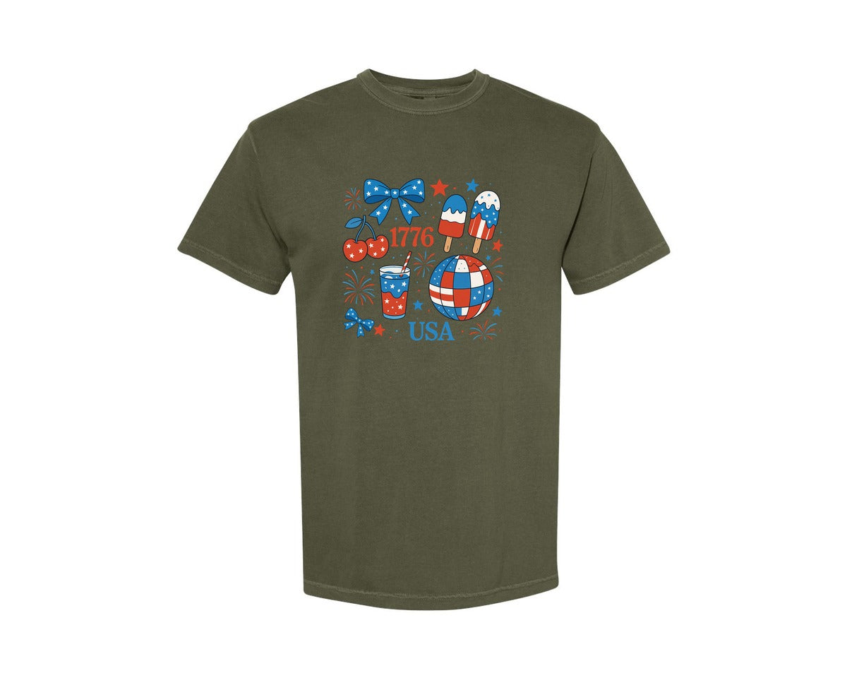 brand:Comfort Colors|color:Sage Green|America Preppy Coquette Usa 4Th Of Graphic T-Shirt