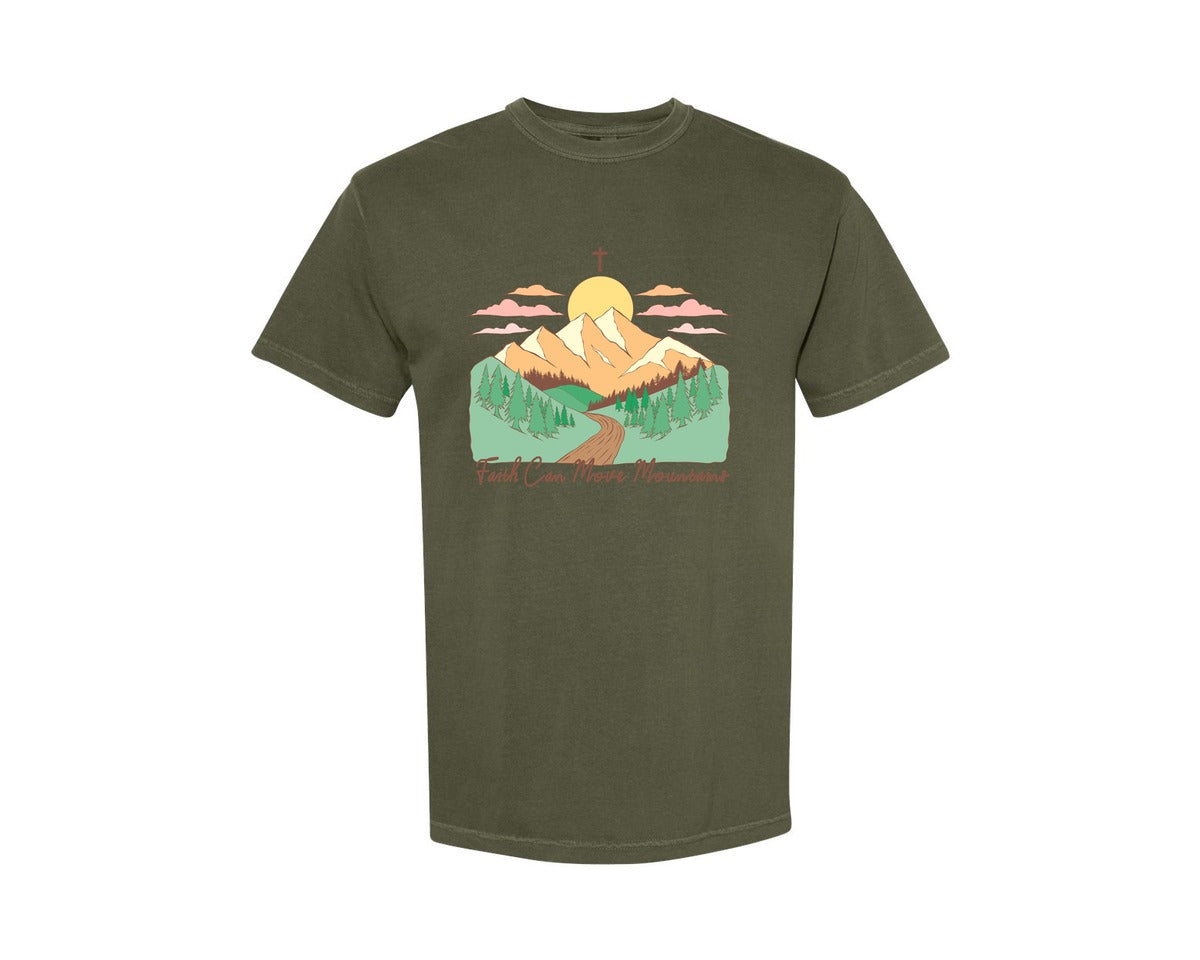 brand:Comfort Colors|color:Sage Green|Faith Can Move Mountains Christian Quote 2 Graphic T-Shirt