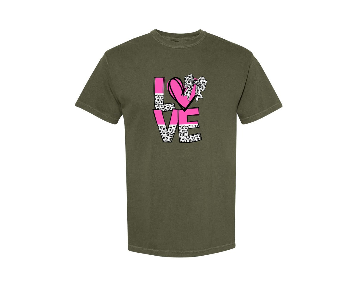 brand:Comfort Colors|color:Sage Green|Pink Soccer Ball Graphic T-Shirt