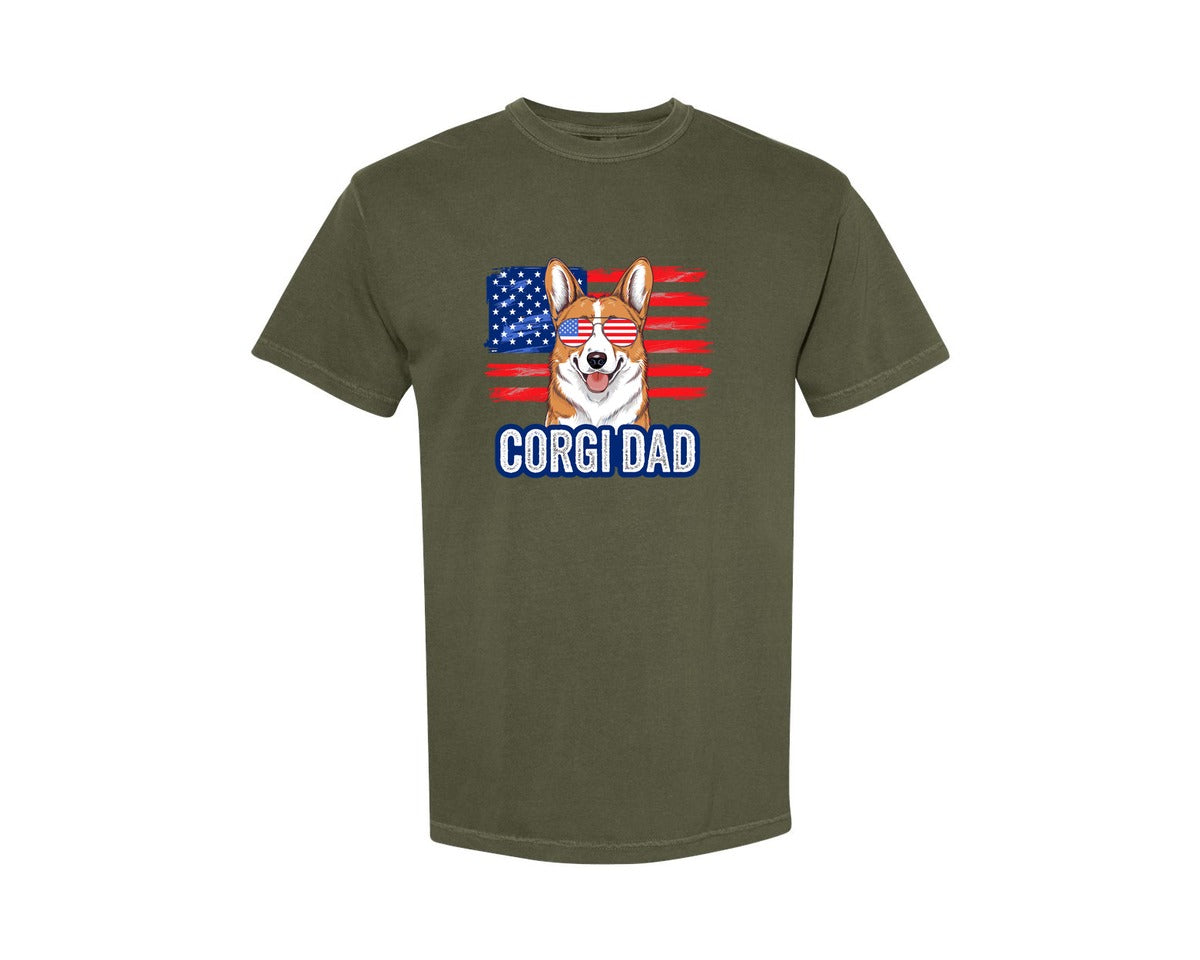 brand:Comfort Colors|color:Sage Green|Corgi Dad American Flag 4Th Of July Graphic T-Shirt