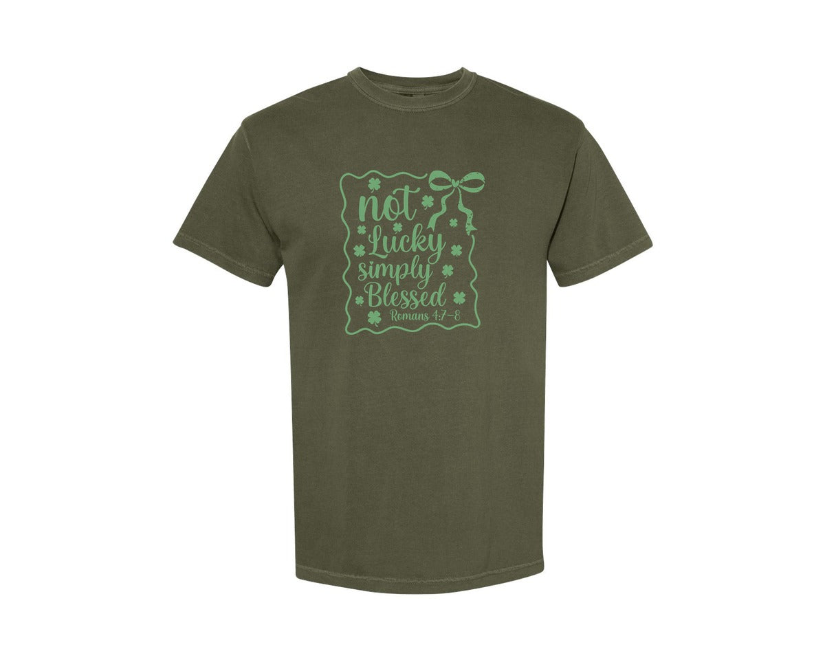 brand:Comfort Colors|color:Sage Green|Not Lucky Simply Blessed Graphic T-Shirt