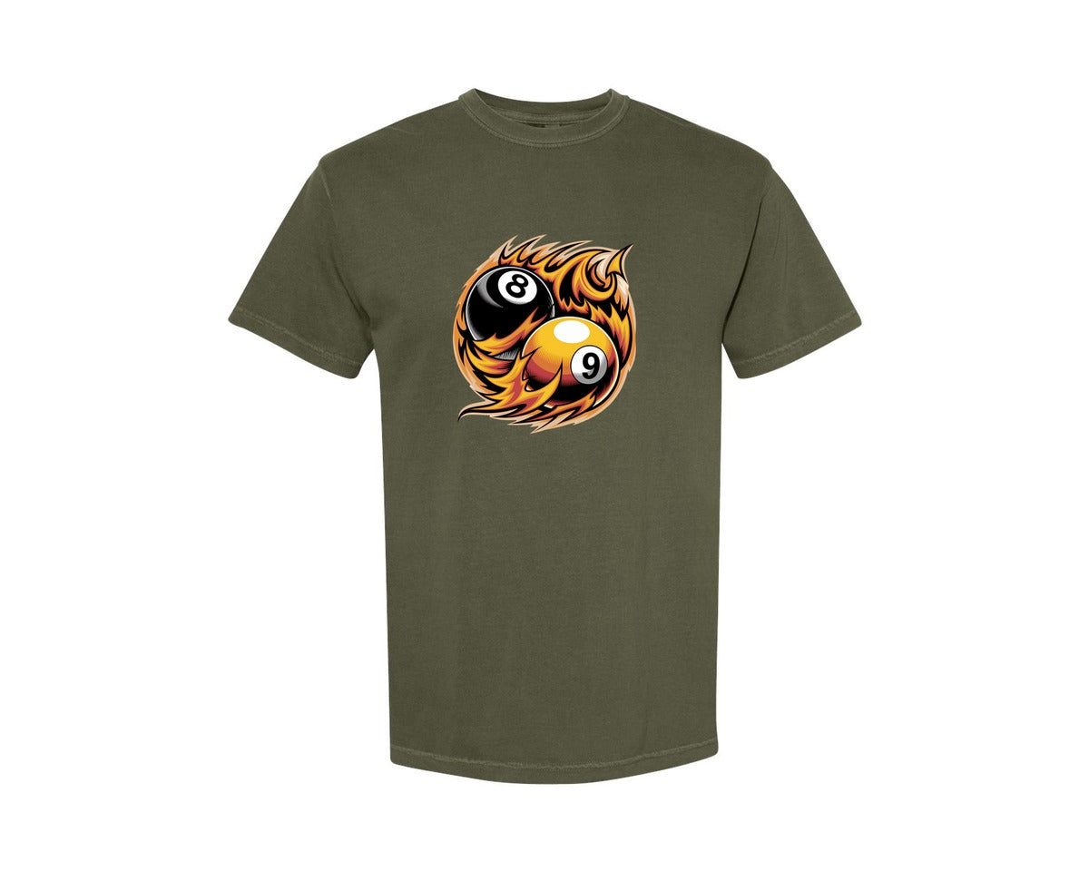 brand:Comfort Colors|color:Sage Green|Flaming 8 9 Ball Billiards Graphic T-Shirt