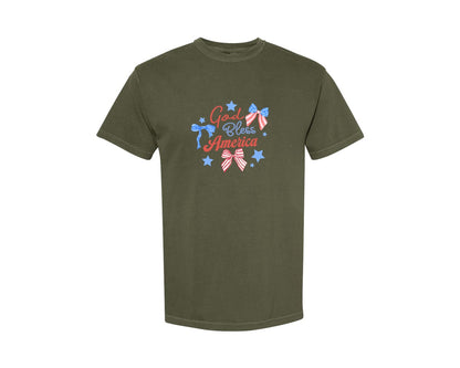 brand:Comfort Colors|color:Sage Green|God Bless America Coquette 4Th July Graphic T-Shirt