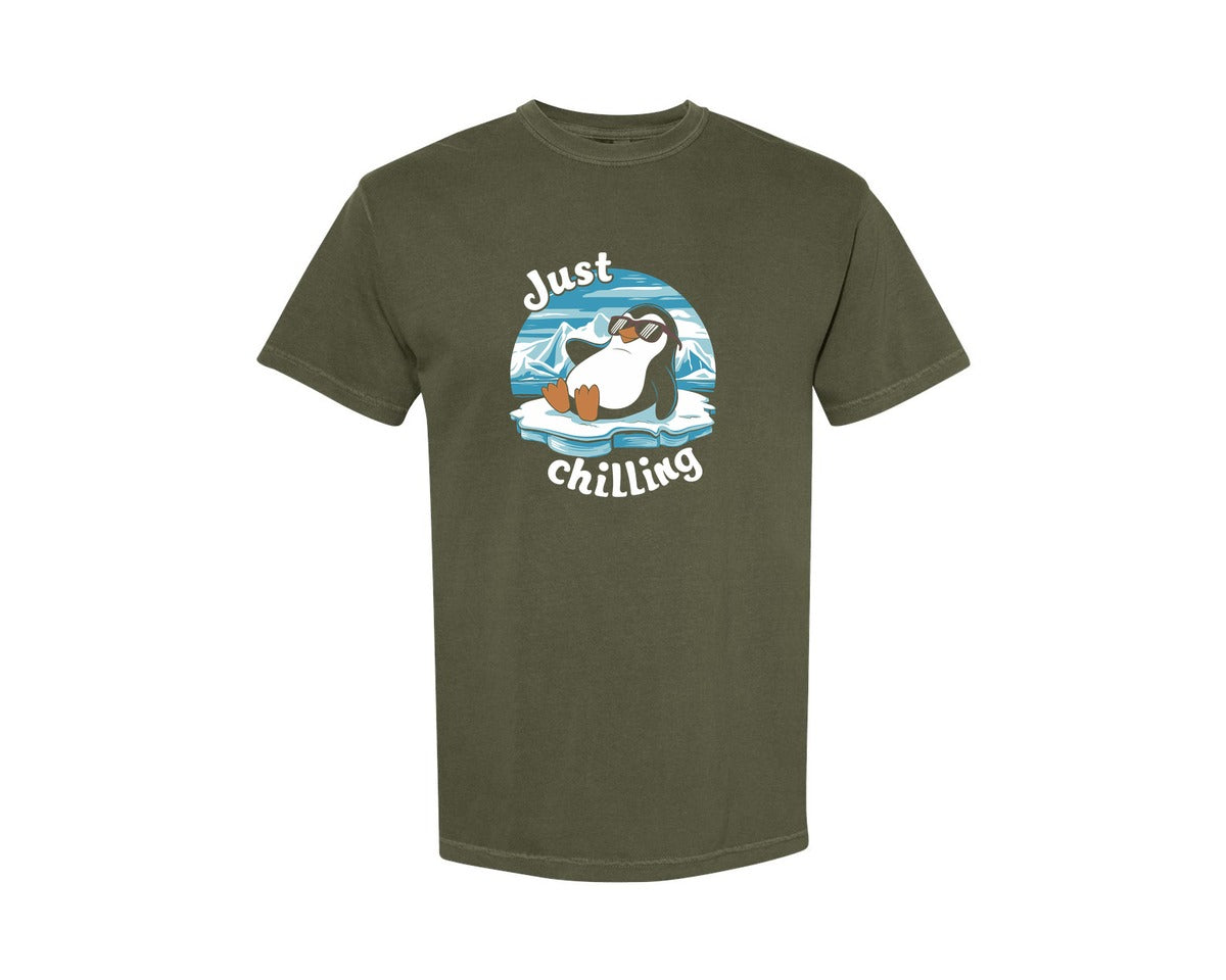 brand:Comfort Colors|color:Sage Green|Just Chilling Penguin Pun Relaxed Vibes Graphic T-Shirt