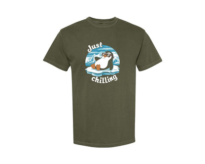 brand:Comfort Colors|color:Sage Green|Just Chilling Penguin Pun Relaxed Vibes Graphic T-Shirt