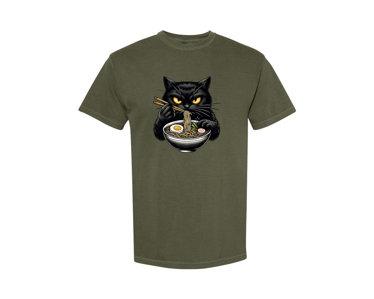 brand:Comfort Colors|color:Sage Green|Cute Black Cat Eating Ramen Noodle 3 Graphic T-Shirt