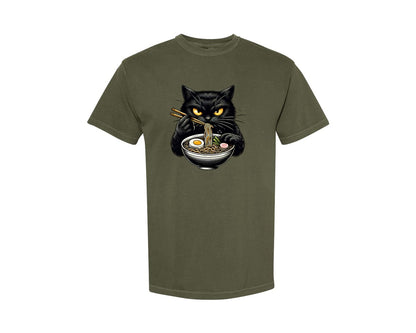 brand:Comfort Colors|color:Sage Green|Cute Black Cat Eating Ramen Noodle 3 Graphic T-Shirt