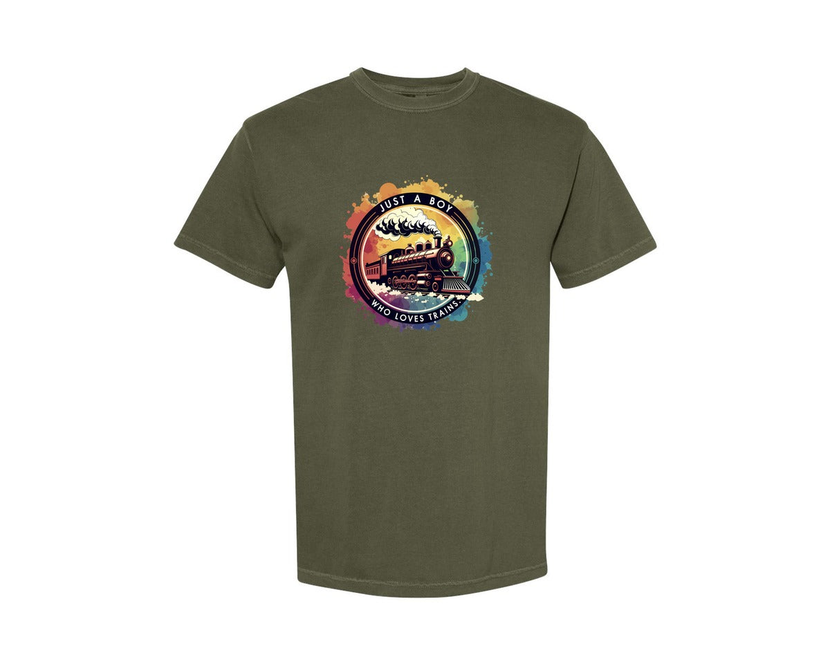 brand:Comfort Colors|color:Sage Green|Just A Boy Who Loves Trains Graphic T-Shirt