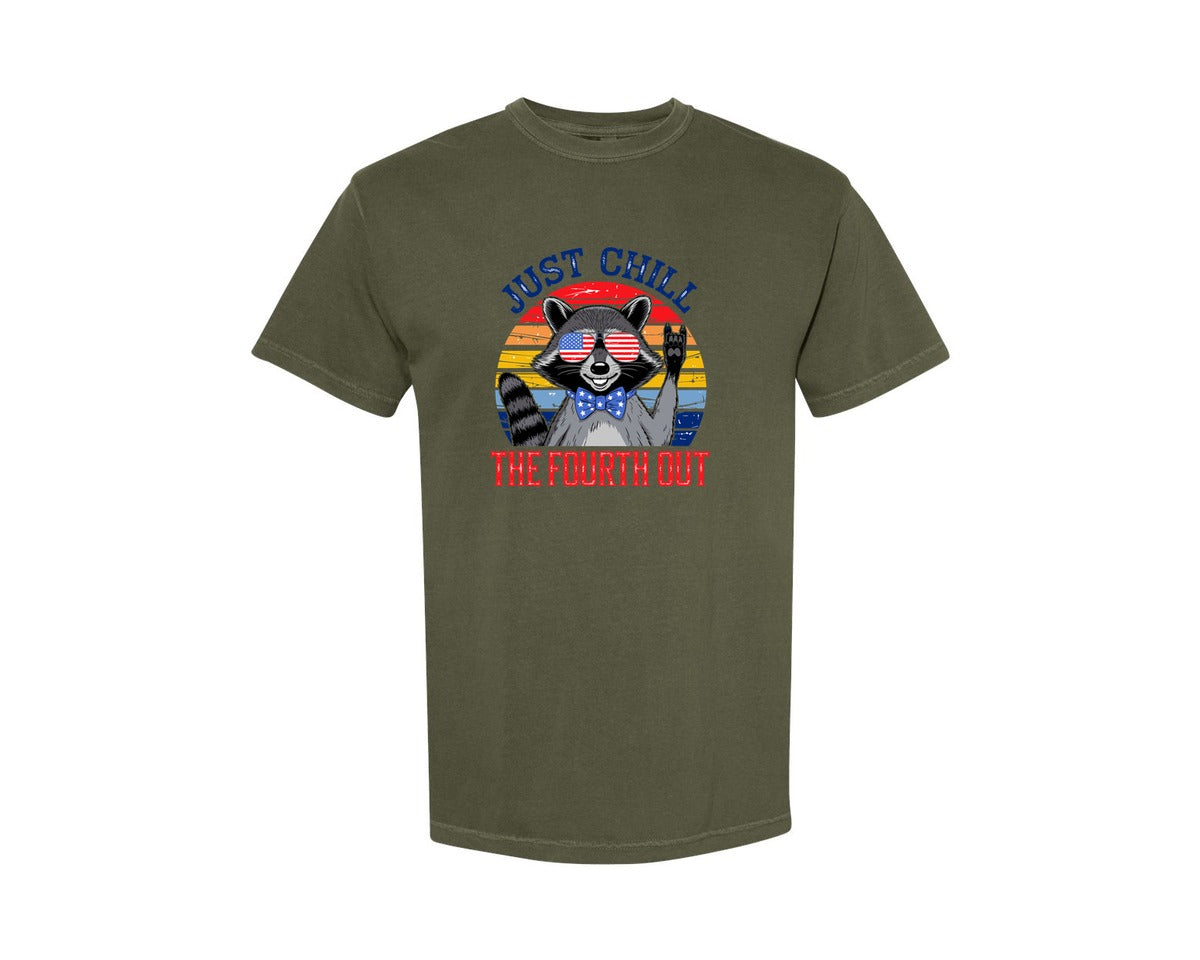 brand:Comfort Colors|color:Sage Green|Retro Raccoon 4Th Of July Chill Vibes Graphic T-Shirt