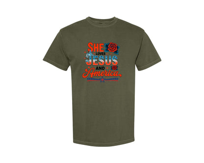 brand:Comfort Colors|color:Sage Green|She Loves Jesus And America Floral Graphic T-Shirt