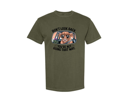 brand:Comfort Colors|color:Sage Green|Dont Look Back Highland Cow Graphic T-Shirt