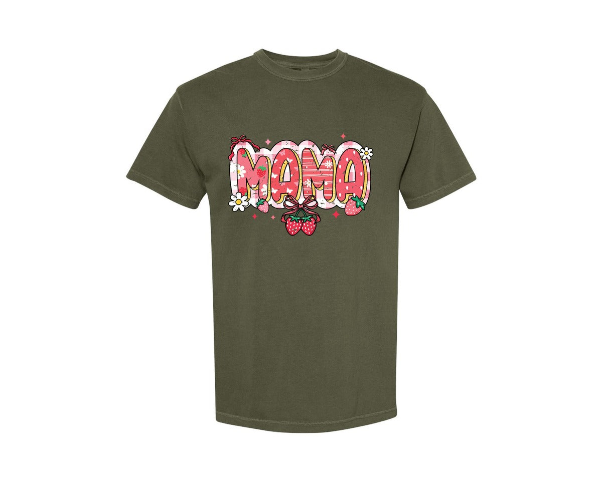 brand:Comfort Colors|color:Sage Green|Mama Strawberry Bow Daisy Flower Graphic T-Shirt