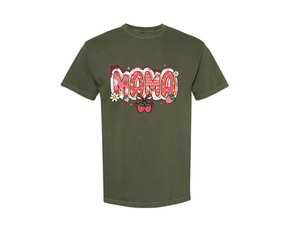 brand:Comfort Colors|color:Sage Green|Mama Strawberry Bow Daisy Flower Graphic T-Shirt