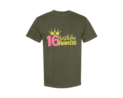 brand:Comfort Colors|color:Sage Green|Sixteenth Birthday Princess Graphic T-Shirt