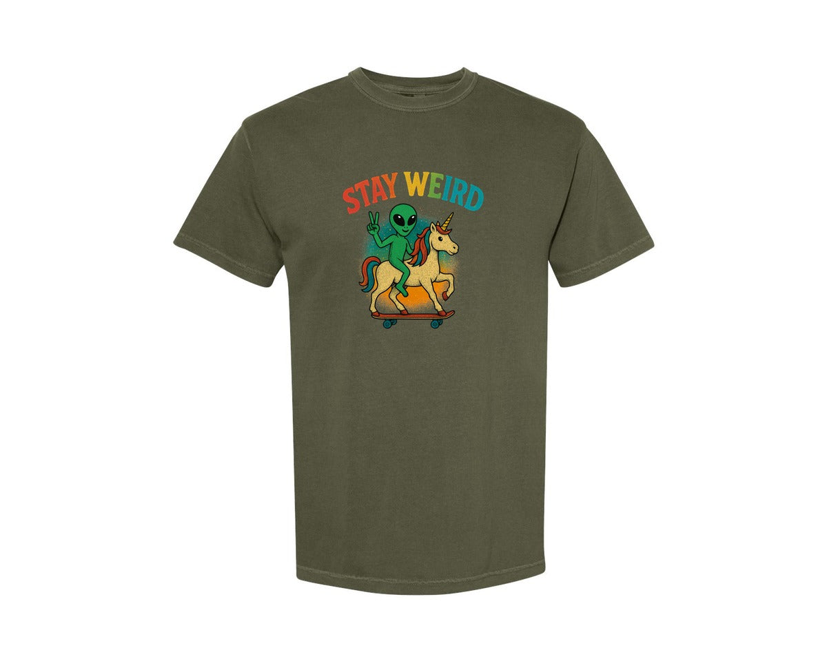 brand:Comfort Colors|color:Sage Green|Stay Weird Alien Unicorn Graphic T-Shirt