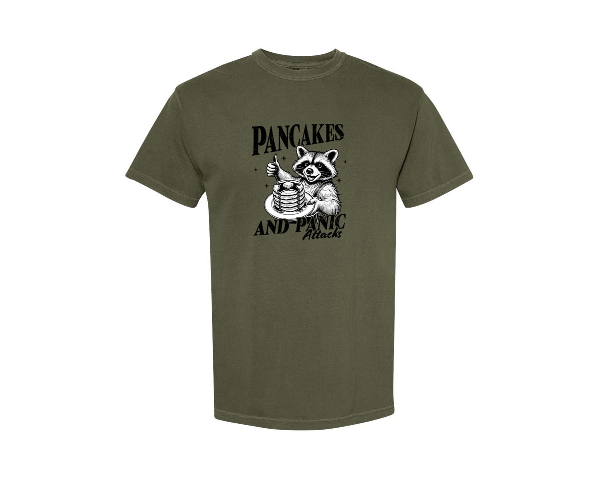 brand:Comfort Colors|color:Sage Green|Mental Health Raccoon Pancakes And Panic Graphic T-Shirt
