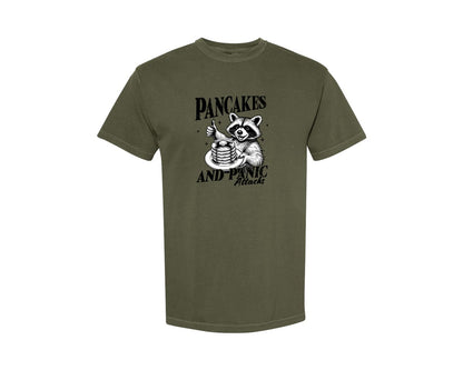 brand:Comfort Colors|color:Sage Green|Mental Health Raccoon Pancakes And Panic Graphic T-Shirt