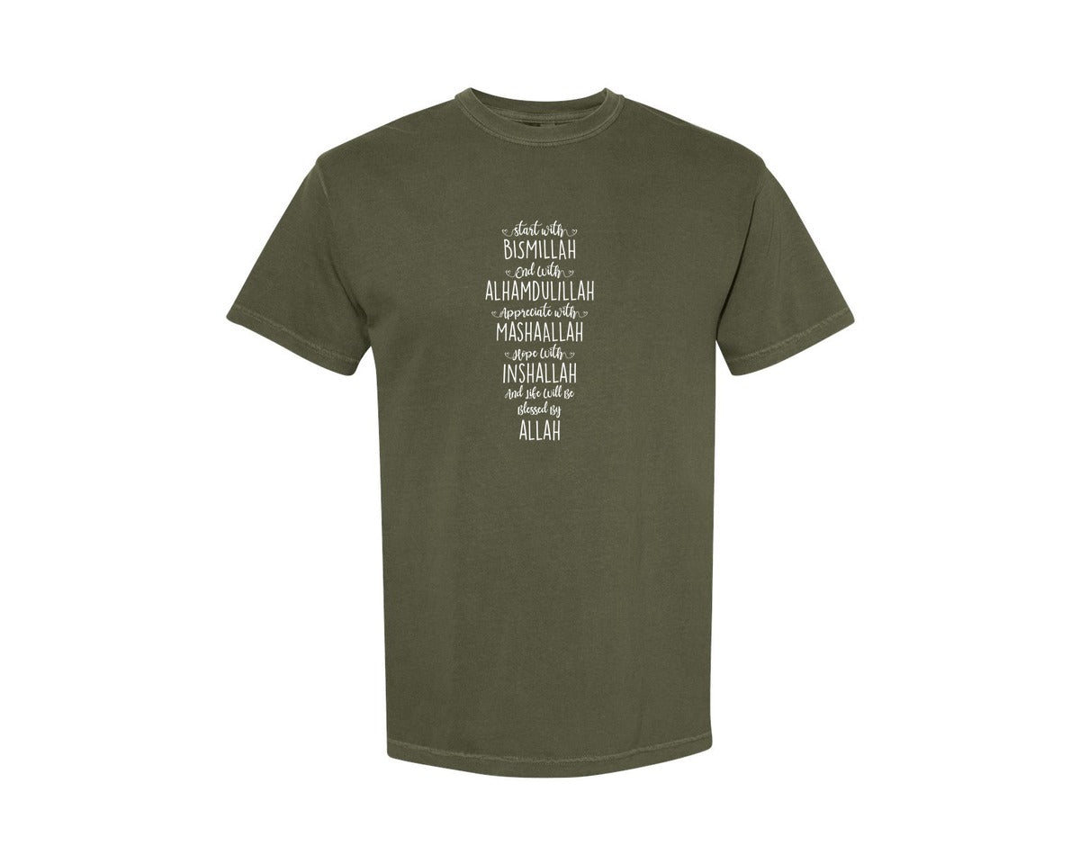 brand:Comfort Colors|color:Sage Green|Start With Bismillah End With Alhamduli 2 Graphic T-Shirt