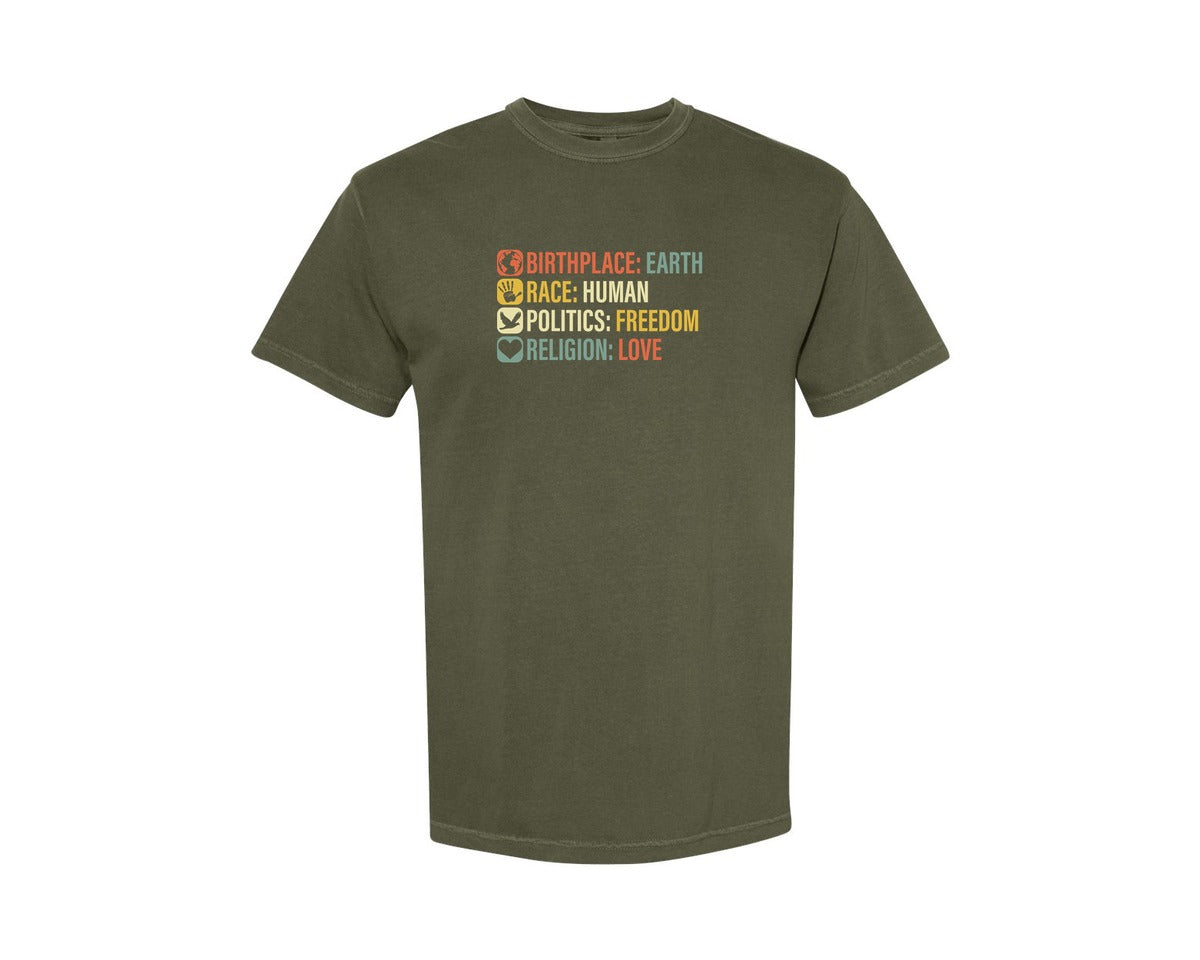 brand:Comfort Colors|color:Sage Green|Birthplace Earth Race Human Politics 4 Graphic T-Shirt