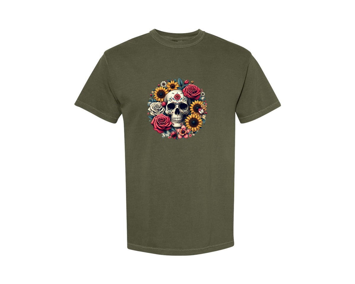 brand:Comfort Colors|color:Sage Green|Vintage Floral Skull Printable Art Graphic T-Shirt