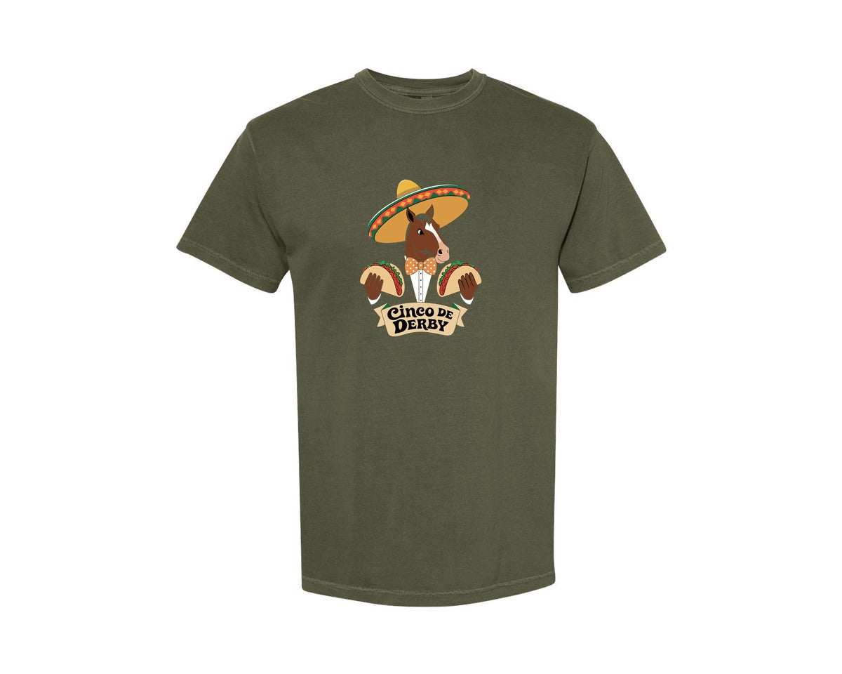 brand:Comfort Colors|color:Sage Green|Cinco De Derby Horse With Sombrero And Graphic T-Shirt